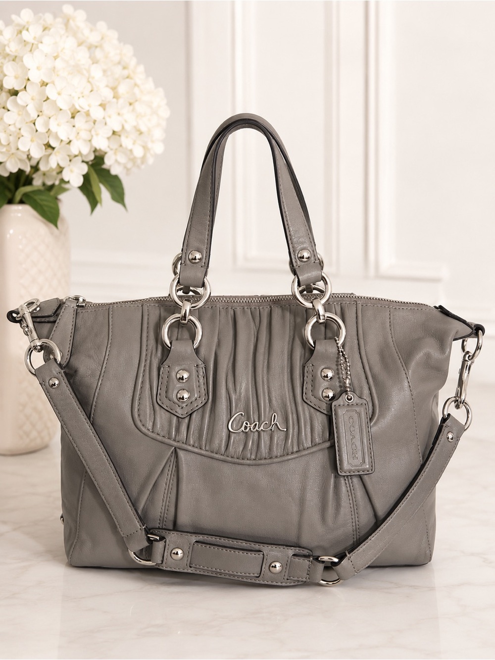 Coach Ashley Gathered Leather Satchel Gray Convertible Shoulder Bag F19452